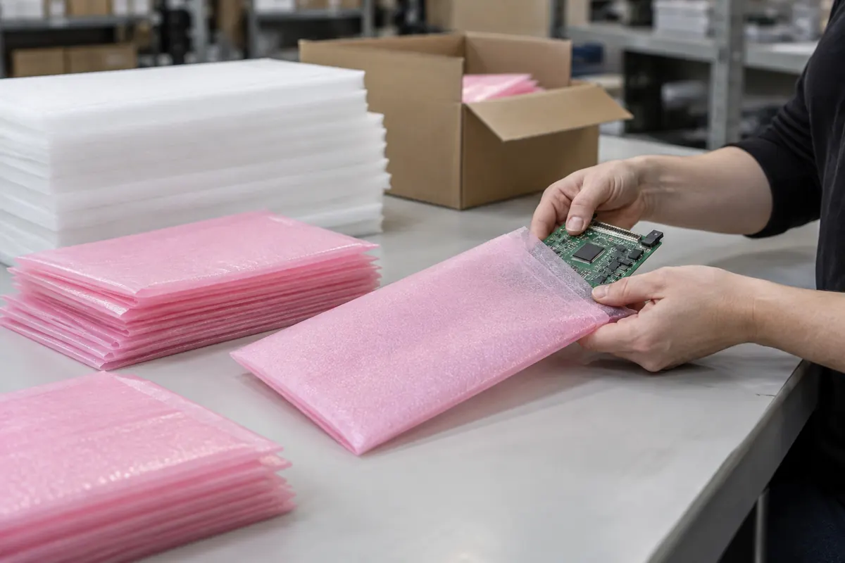 White foam sheets and pink anti-static foam pouches with a circuit board going into a pouch