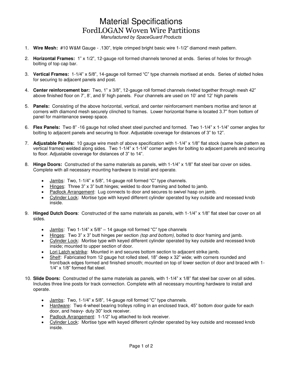 First page of the SpaceGuard FordLogan Woven Wire Partitions material specifications sheet