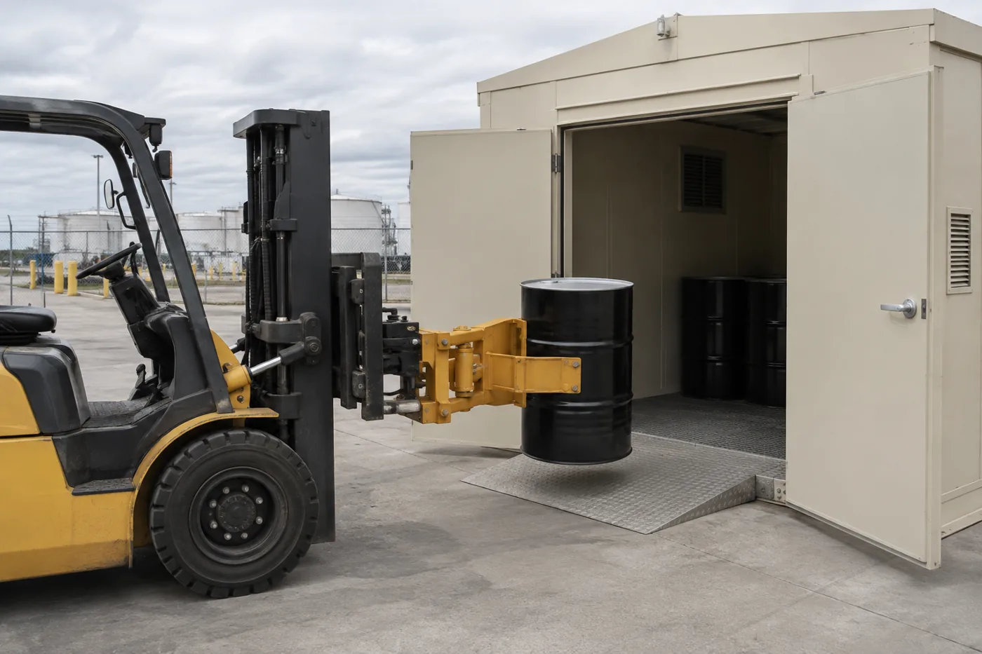 Forklift with a drum attachment placing a 55-gallon drum through the double doors of a prefabricated hazmat storage building