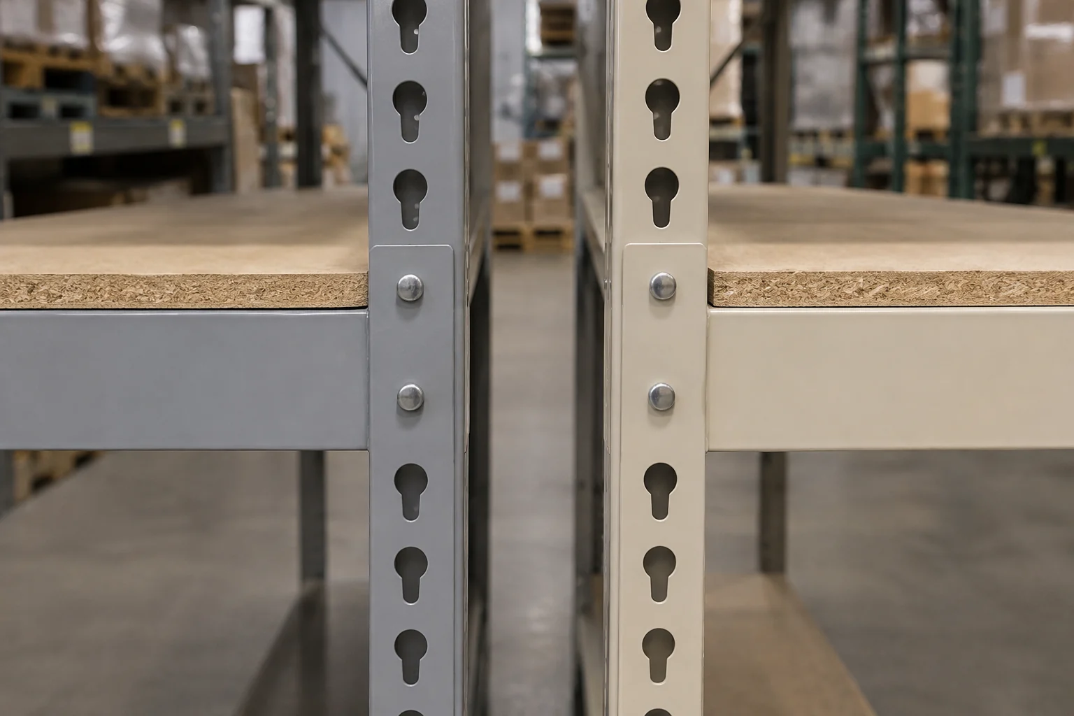 Grey and tan powder coated boltless shelving posts side by side with double rivet beams and particle board decks