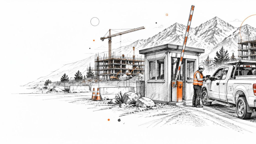 A construction worker in a safety vest stands at a guard booth entrance with a truck.