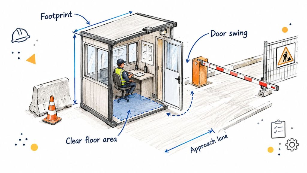A construction site guard booth with a security officer and boom barrier in an outdoor area.