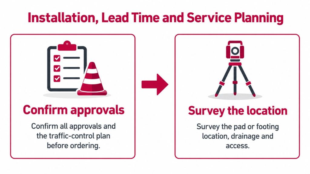 A two-step installation and service planning diagram showing approval confirmation and location surveying for construction site projects.