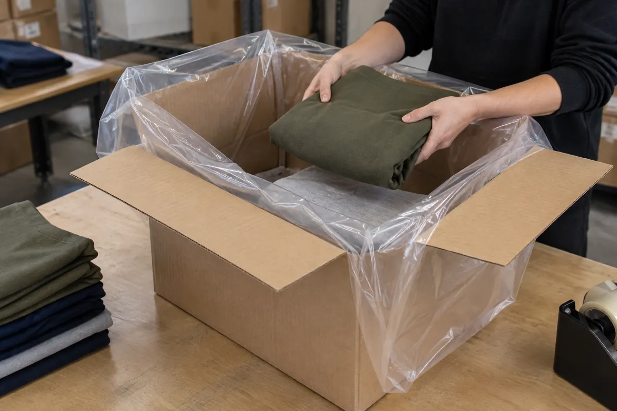Large clear gusseted poly bag lining an open carton with folded apparel going inside