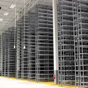 Tall Hallowell H-Post high-capacity steel shelving rows in a distribution warehouse (photo: Hallowell)