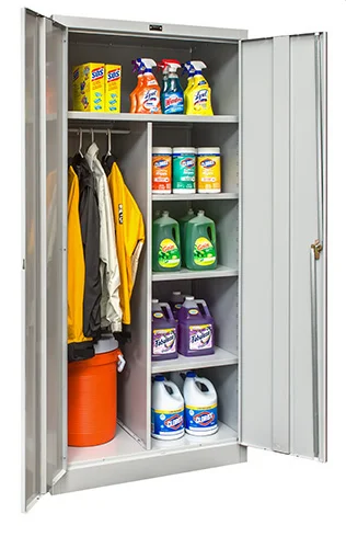 Open Hallowell MedSafe antimicrobial combination cabinet with a jacket on the wardrobe side and supplies on the shelves