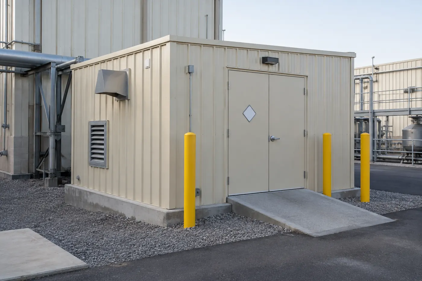 Beige steel hazmat storage building with double doors, a ramp, an exhaust fan hood, a fresh-air louver and yellow bollards beside a plant