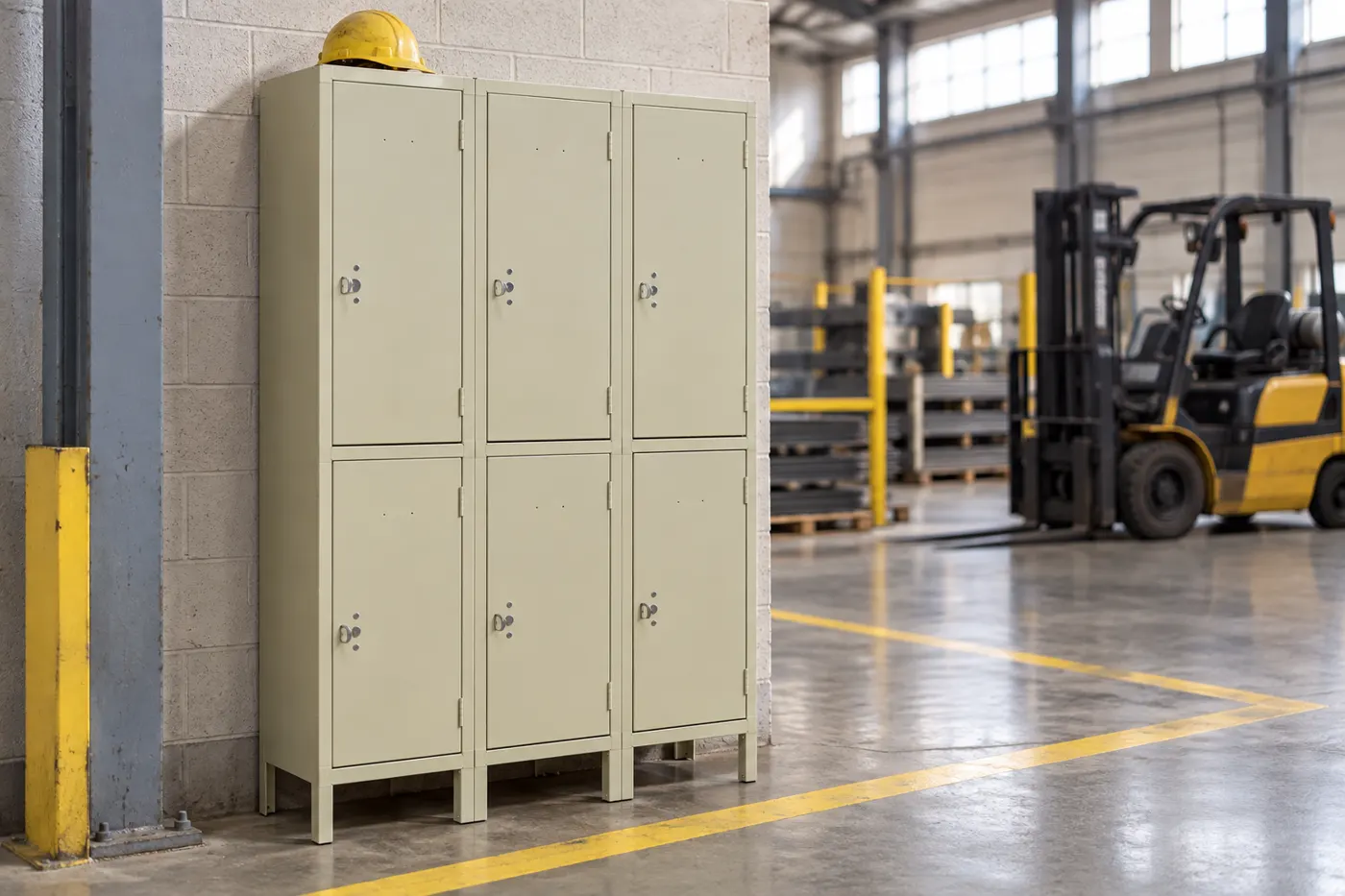 Three-wide heavy-duty double-tier steel lockers on legs beside a yellow-striped factory walkway with a forklift behind
