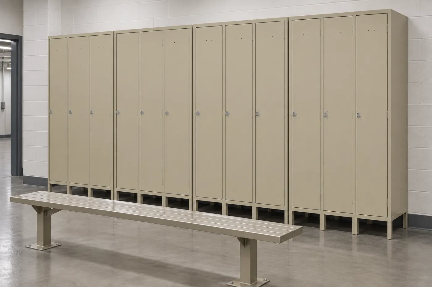 Bank of sand-colored heavy-duty welded single-tier steel lockers on legs with a steel bench in a plant locker room