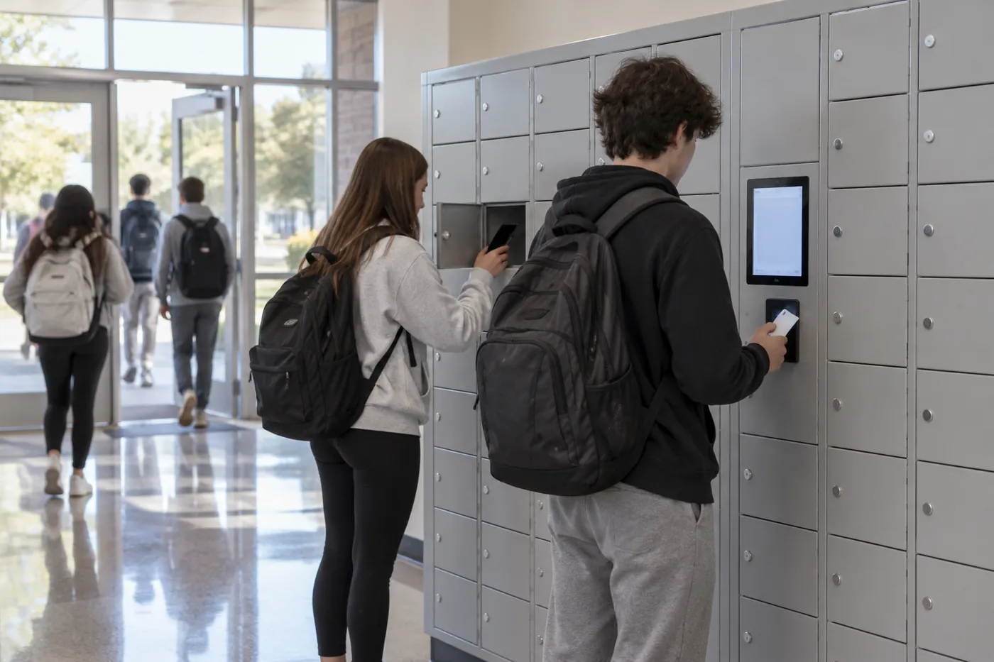 High school students storing phones in a smart phone locker bank at the school entrance