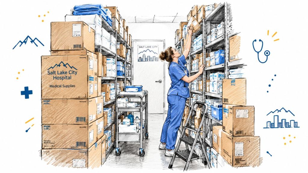 A healthcare worker in blue scrubs retrieves supplies from a high shelf in a hospital storage room.