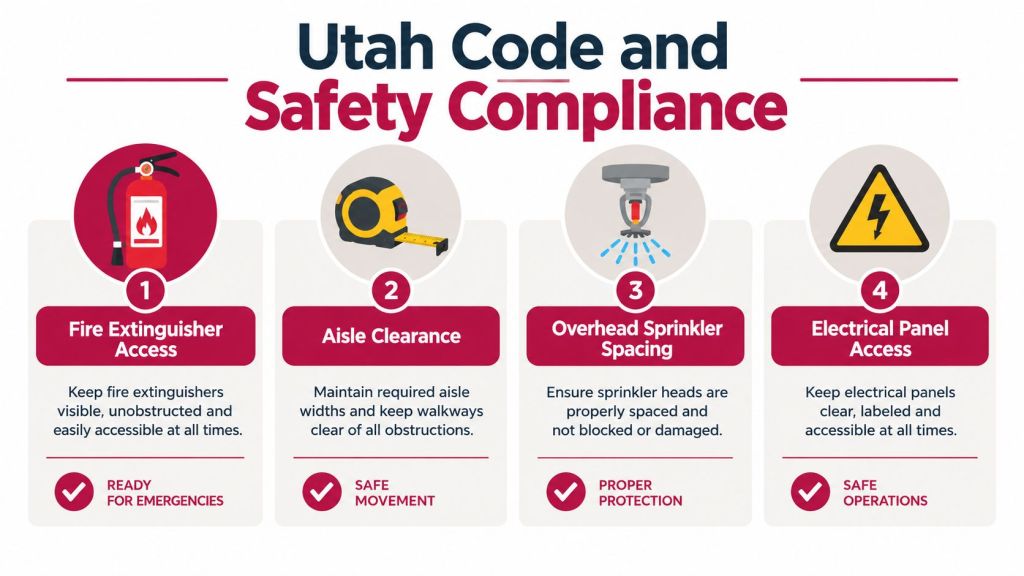 A safety infographic highlighting Utah code requirements for fire extinguishers, aisle clearance, sprinkler spacing, and electrical panels.