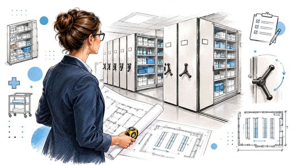 A professional woman planning hospital mobile shelving storage solutions with technical blueprints in an organized facility.