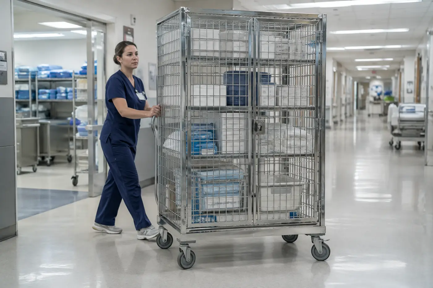 Nurse pushing a chrome wire mobile security cage truck with locked doors and boxed medical supplies down a hospital corridor