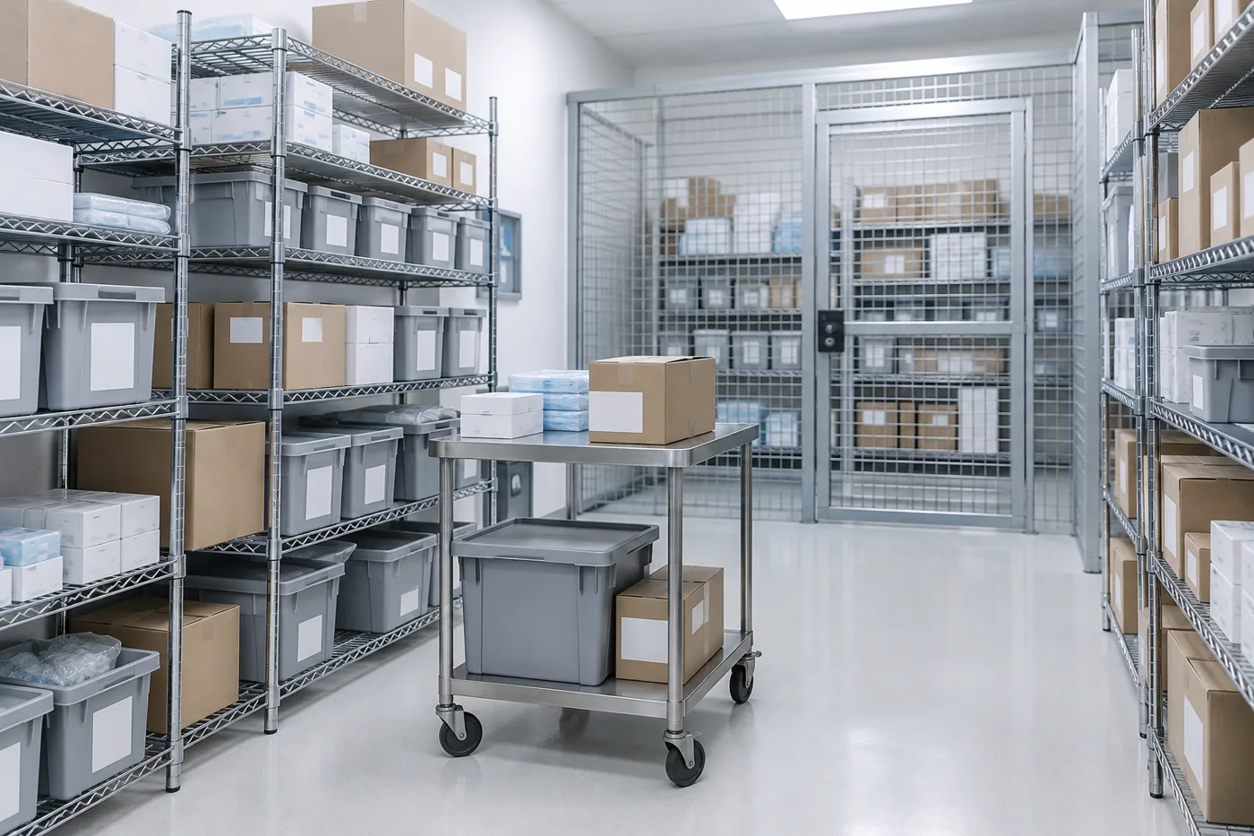 Healthcare storeroom with stationary chrome wire shelving, supply totes and a stainless cart in the aisle