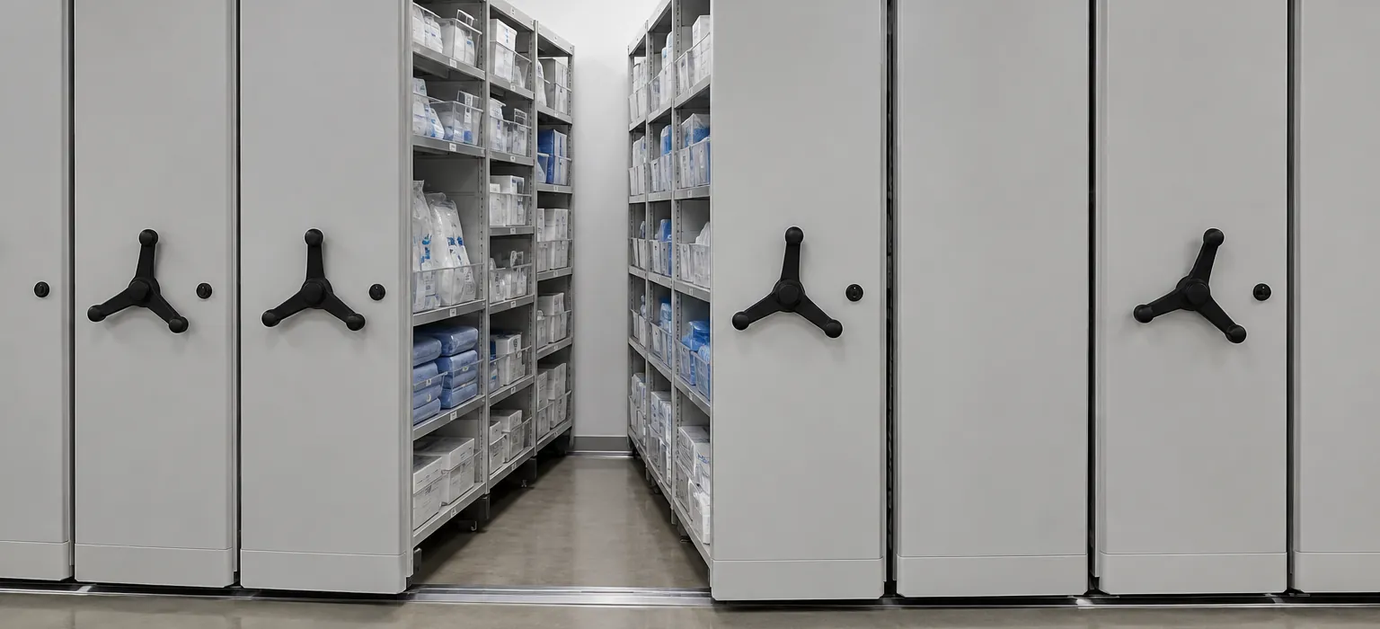 Hospital supply room mobile shelving on a single floor rail with waist-height handwheels and sterile supplies in clear bins