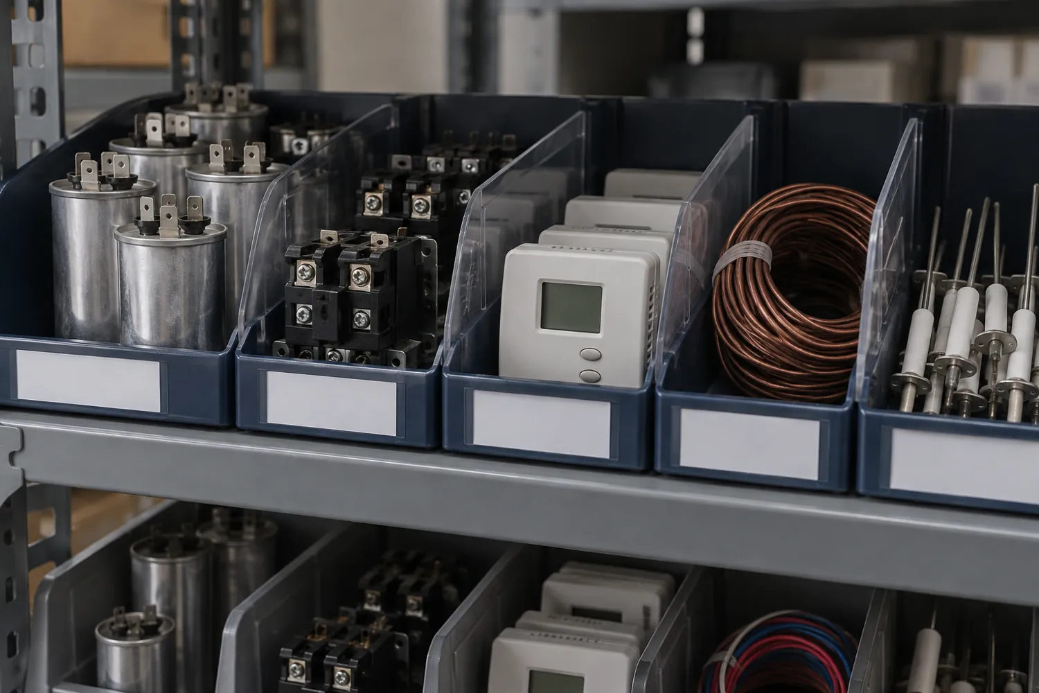 Divided shelf bins holding run capacitors, contactors, thermostats, thermostat wire and flame sensors, one part type per labeled compartment