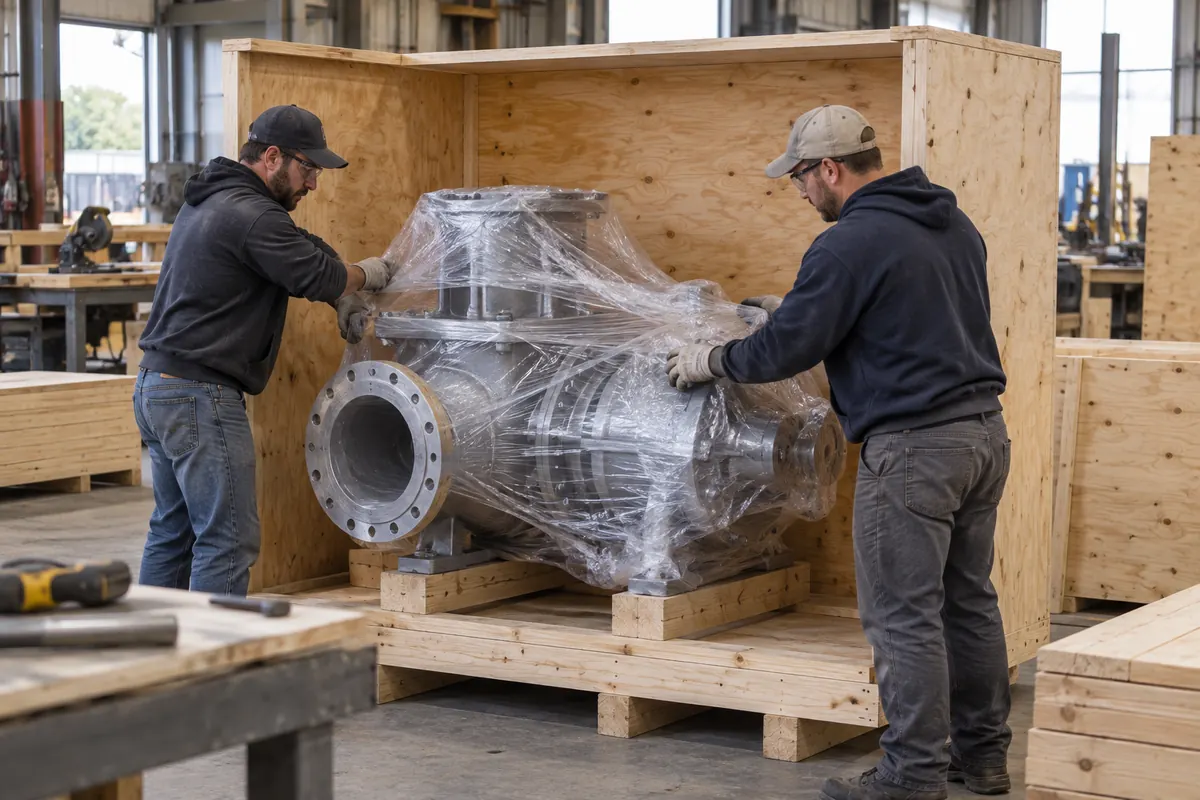 Workers placing a film-wrapped industrial pump into an open plywood shipping crate on wooden skids