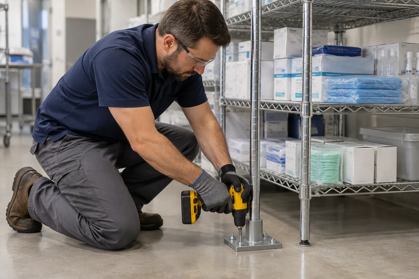 Installer bolting a seismic base plate on a chrome wire shelving post to a concrete floor in a clinic supply room