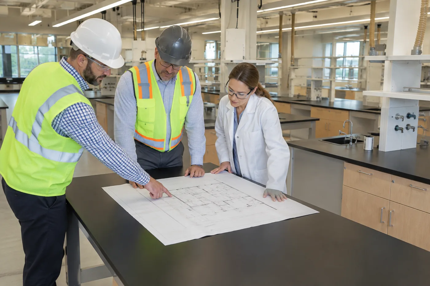 Facility planners reviewing a laboratory floor plan