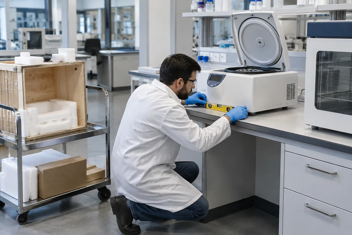 Technician leveling a newly delivered benchtop centrifuge on a lab bench during equipment commissioning