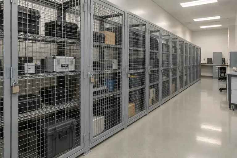 Row of individual wire mesh asset cages with shelving in a laboratory