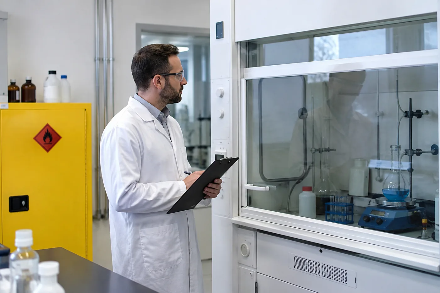 Laboratory safety inspector checking a fume hood