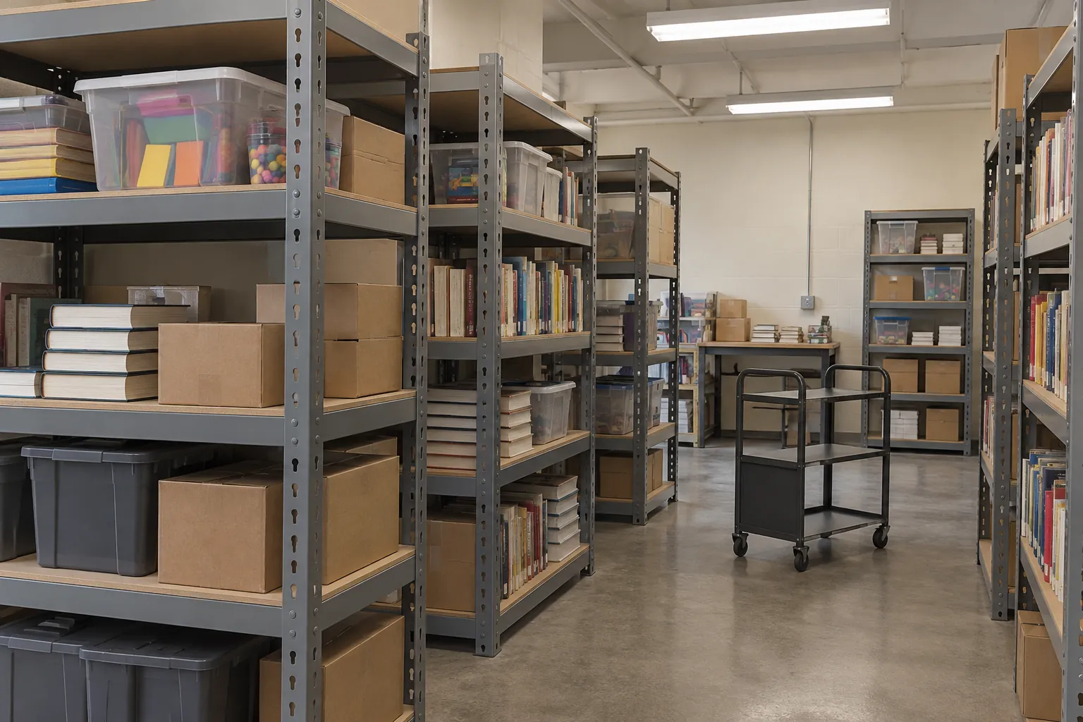 Freestanding grey boltless shelving units with particle board levels holding books, cartons and supply tubs in a public library back room