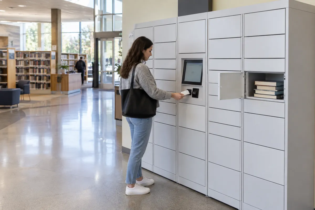 Library patron scanning a card at a smart hold-pickup locker bank in a public library lobby
