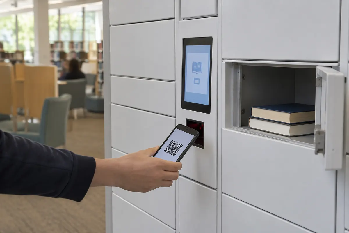 Patron holding a phone with a QR code up to the scanner of a library smart locker kiosk