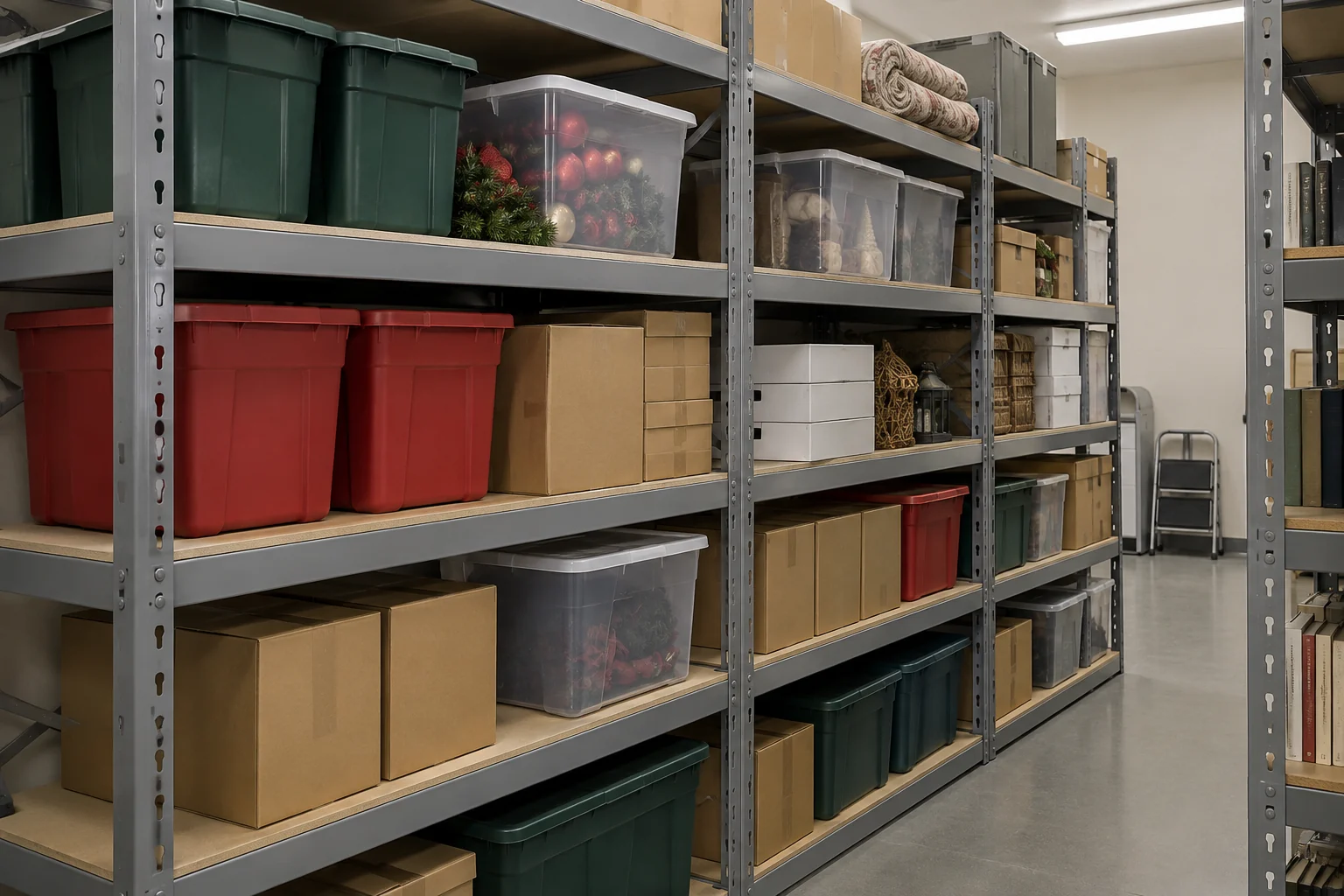 Deep boltless shelving with five particle board levels holding storage tubs, seasonal display materials and cartons in a library storage room