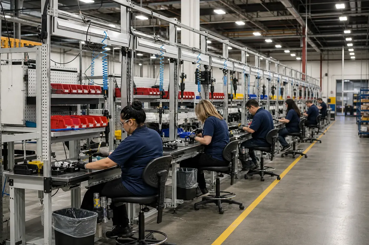 Row of light assembly workstations with uprights, parts bins and seated operators working at bench height