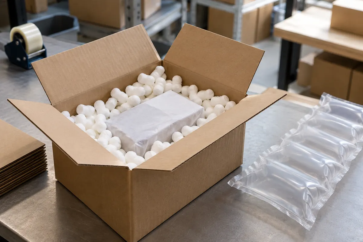 Open carton with white loose fill around a wrapped item next to a strip of air pillows