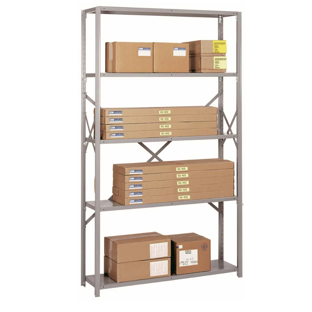 Lyon 8000 Series open steel shelving unit with five steel shelves holding cartons and sway braces at the back