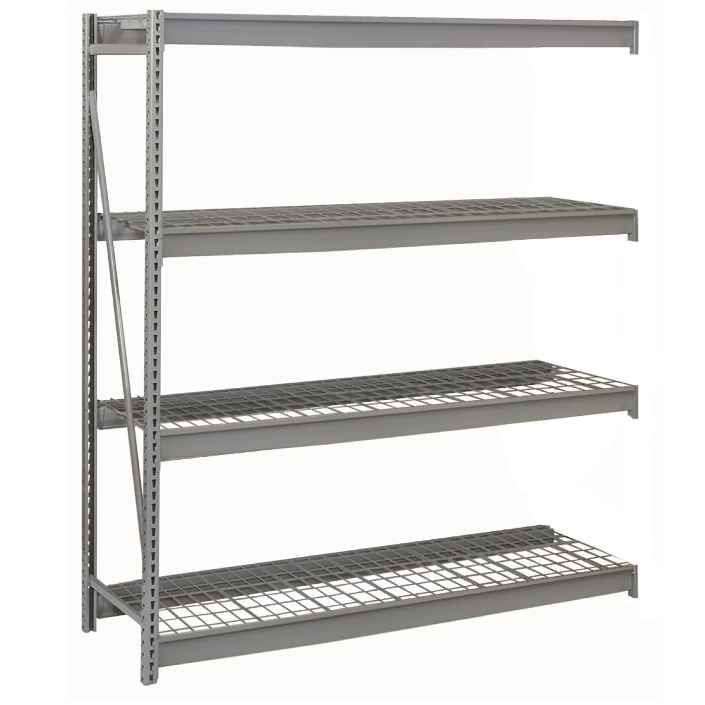 Gray four-level bulk storage rack add-on unit with galvanized flat wire decks
