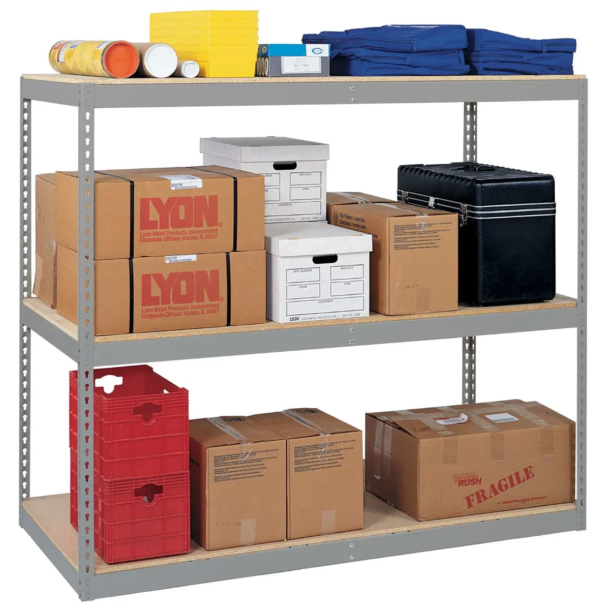 Lyon rivet rack shelving unit with three particleboard levels holding cartons, cases and a red tote