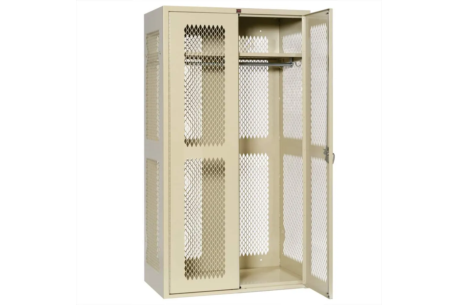 Lyon TA-50 gear locker with diamond-perforated double doors open showing the full-width shelf, coat rod and hooks
