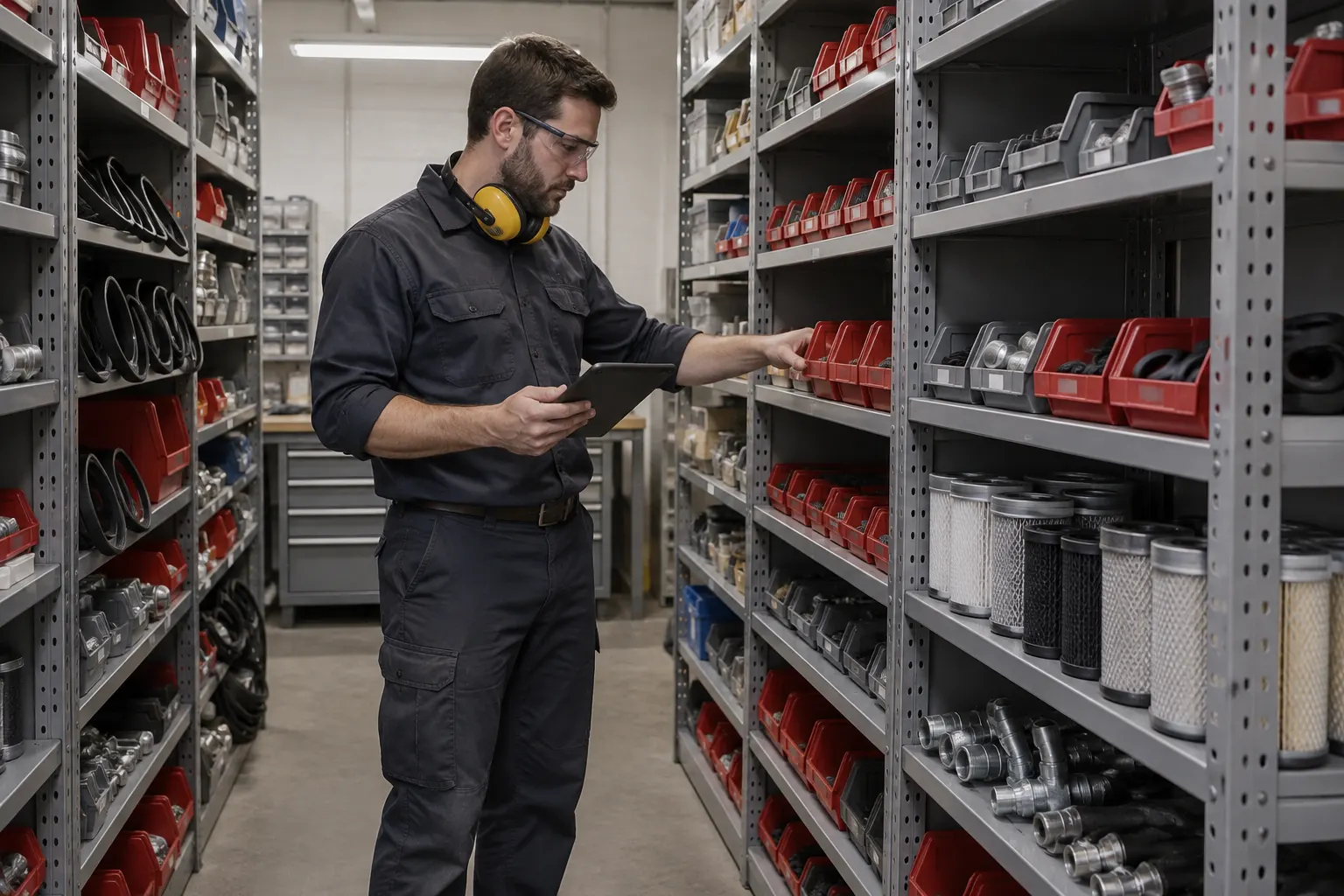 Maintenance technician checking red and gray bins of belts, bearings and fittings on steel spare-parts shelving