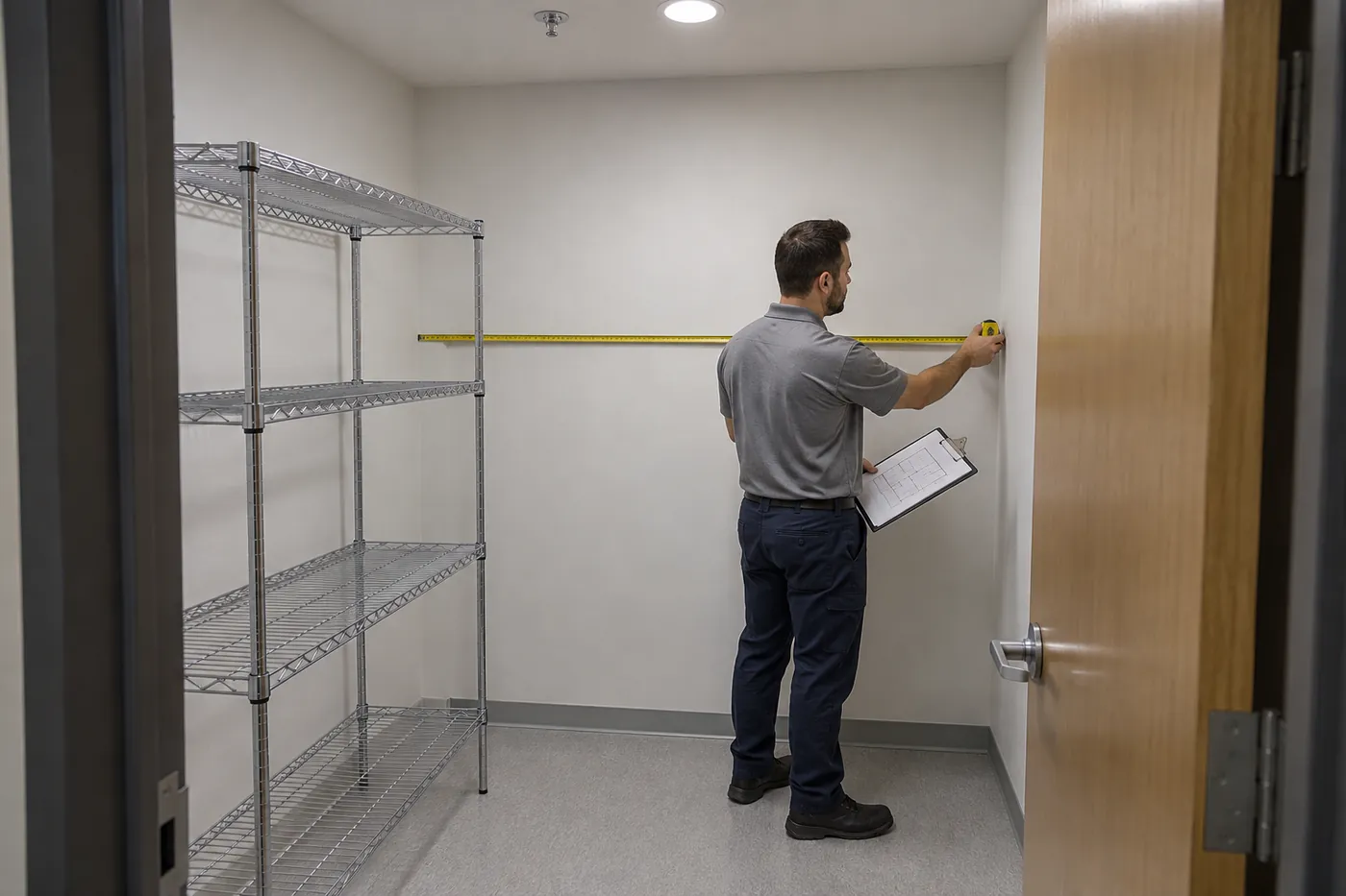 Facilities manager measuring a clinic supply room wall with a tape measure before planning a wire shelving layout