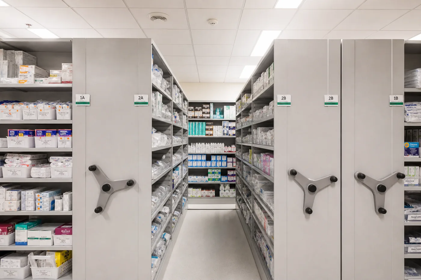 Mobile shelving ranges in a medical supply room with one aisle opened for picking