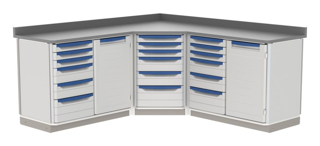 Metro Starsys stationary corner workcenter with modular countertop and lower drawers