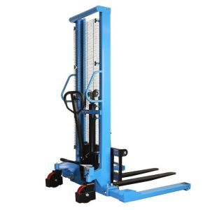 The MH-USA Manual Stacker - Model H10J features a blue frame, two black forks, and red wheels on a white background. Its equipped with a handle and chain-lifting mechanism, highlighting its efficient design.
