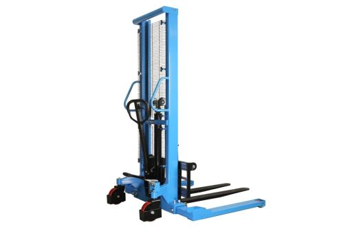 The MH-USA Manual Stacker - Model H10J features a blue frame, two black forks, and red wheels on a white background. Its equipped with a handle and chain-lifting mechanism, highlighting its efficient design.