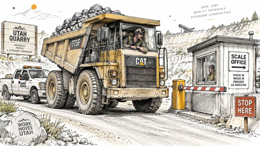 A large yellow CAT dump truck waiting at a quarry entrance guard house in Utah for inspection.