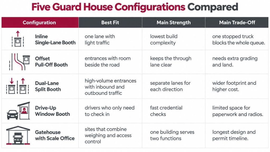 A comparative table outlining the five standard configurations for security guard houses and their design considerations.