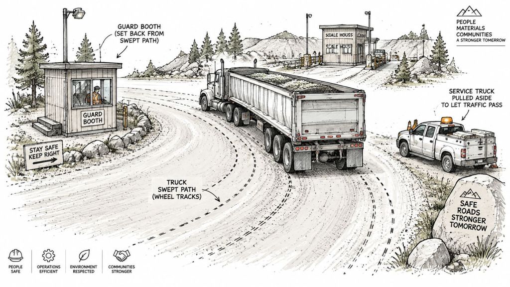 A detailed illustration of a mine quarry entrance with a guard booth and a large truck.