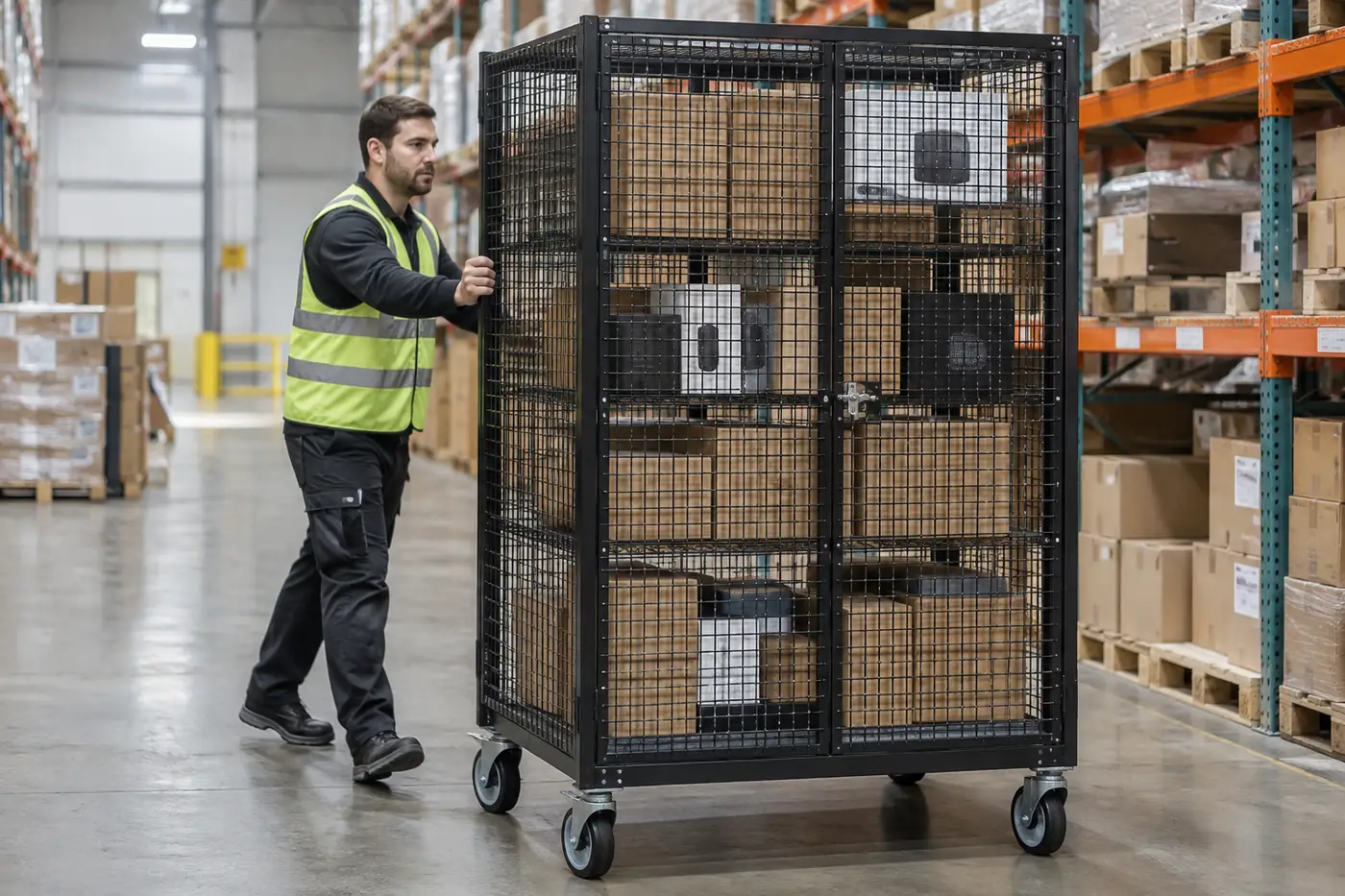Worker in a safety vest pushing a black welded wire mobile security cage on casters with locked double doors and boxed electronics inside along a warehouse aisle
