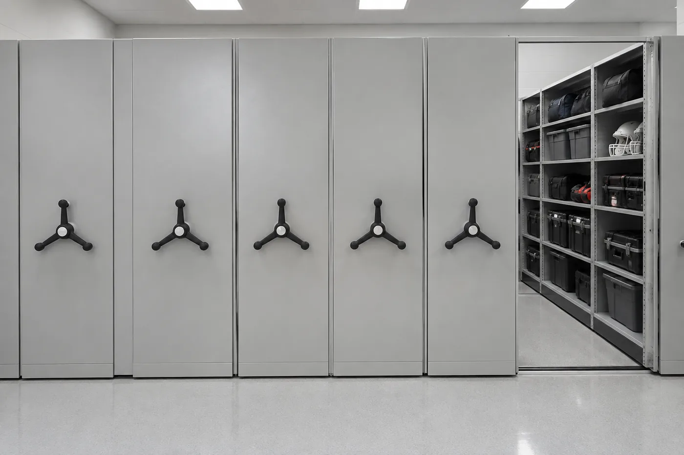 Mechanical-assist mobile shelving carriages with handwheels in an Ogden athletics storage room