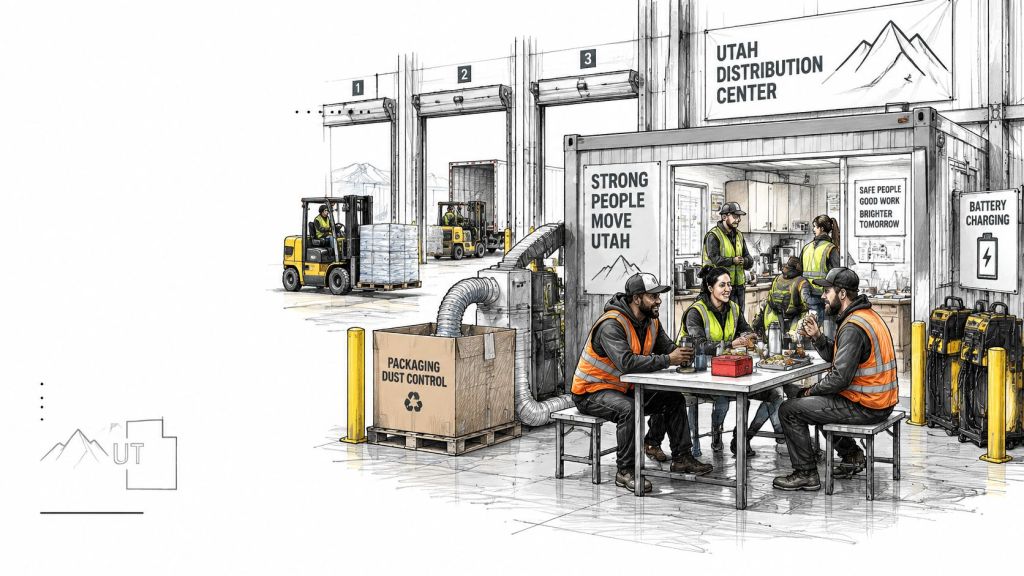 Employees sitting at a table in a modular break room inside a Utah distribution warehouse facility.