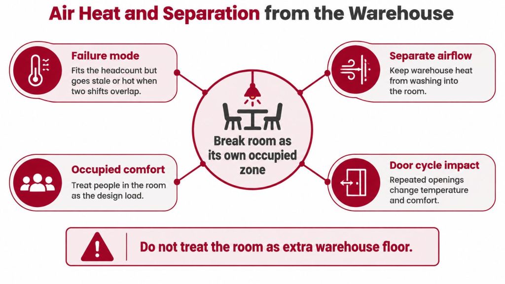 A diagram explaining HVAC considerations for a break room located within a warehouse facility.
